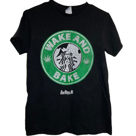 Delta Wake and Bake T-Shirt Starbucks Cotton Preshrunk Crew Neck Black Small - Picture 1 of 4